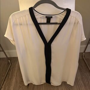 Ann Taylor Factory Cream Blouse with Black Trim - V-Neck Short Sleeve Top